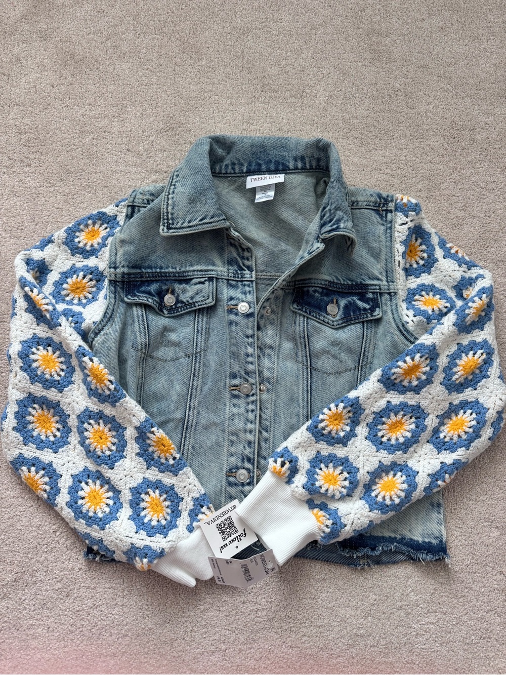 Nordstrom Denim Jacket with Blue, White & Yellow Crochet Sleeves